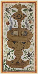 Bægrenes es, faksimile af et tarotkort fra »Visconti«-sættet, 1441-47